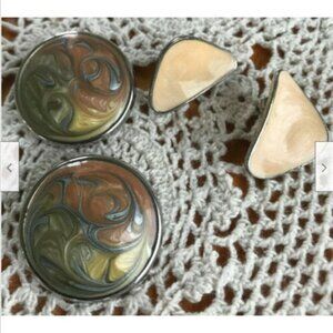 Vintage Enamel Stud Earrings Set of 2 Peachy Beige Costume Jewelry